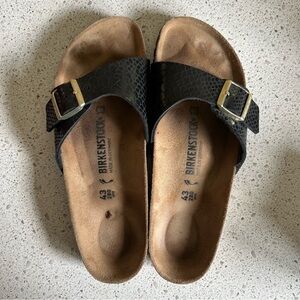 Birkenstock Madrid black snake adjustable gold buckle